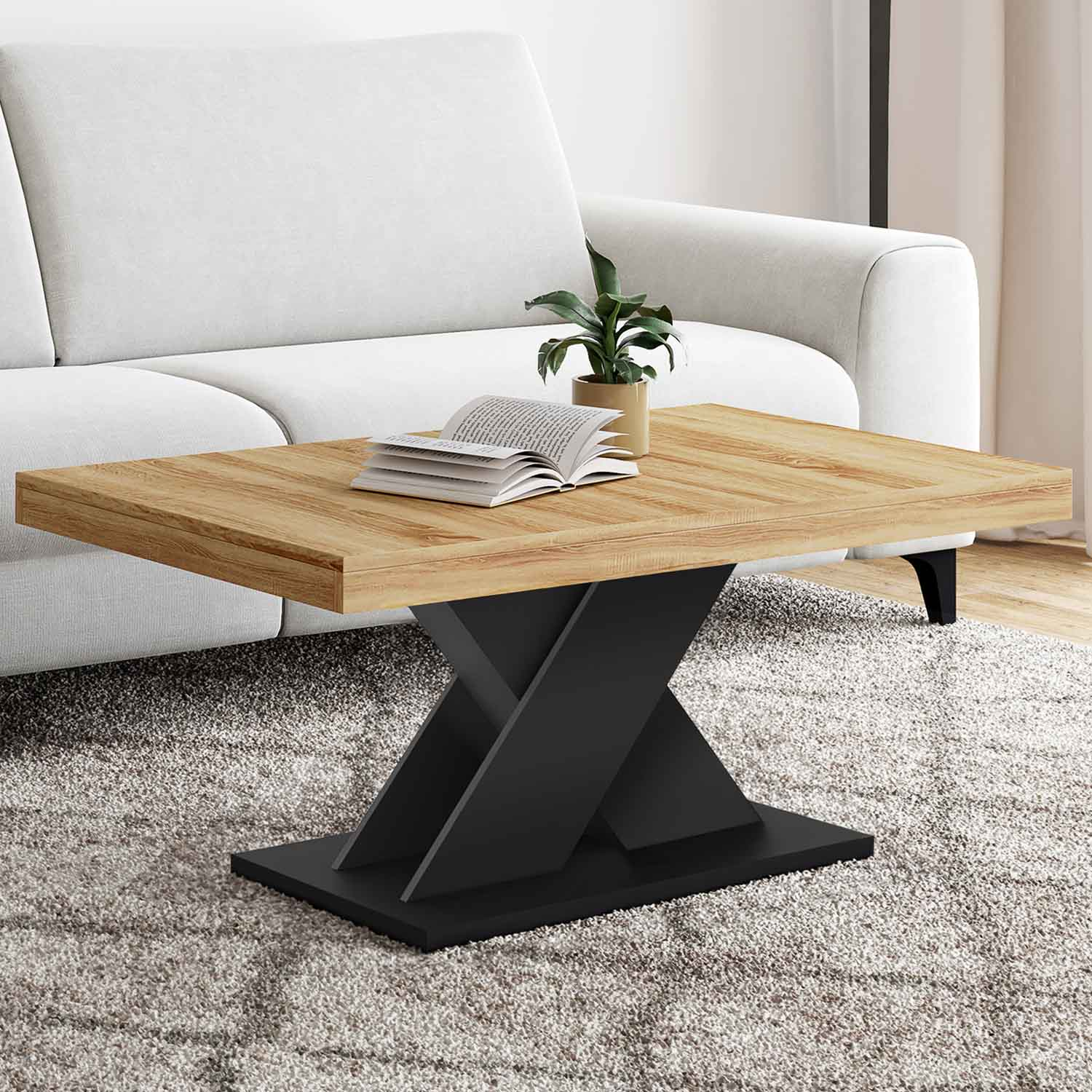 Table basse avec plateau bois et pied en X noir