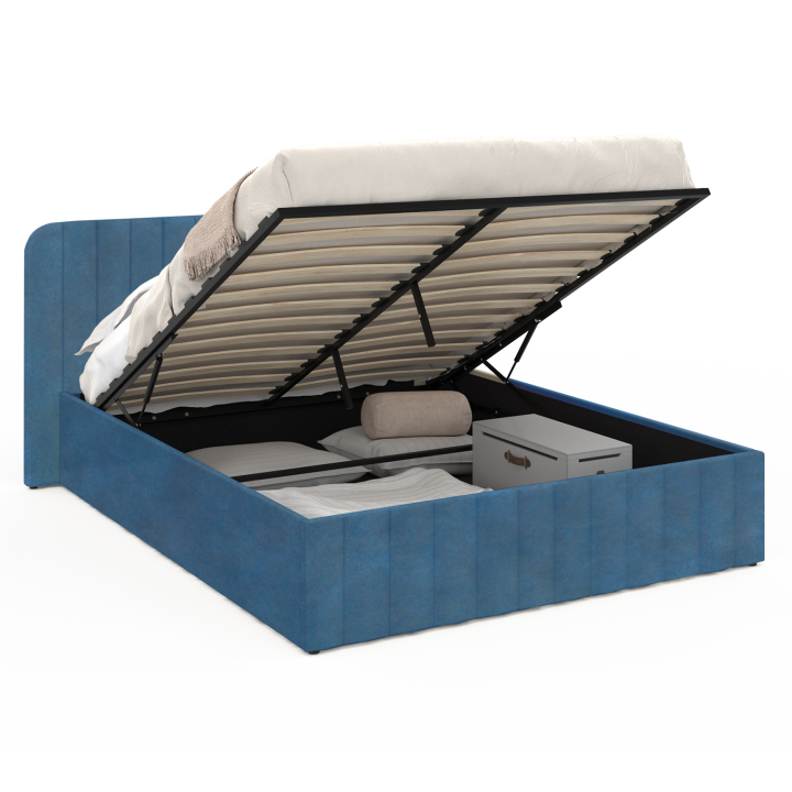 Lit coffre double ALBA avec tête de lit 140 x 190 cm velours bleu Lit coffre double ALBA avec tête de lit 140 x 190 cm velours bleu