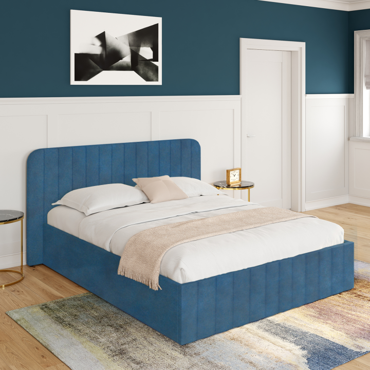Lit coffre double ALBA avec tête de lit 140 x 190 cm velours bleu Lit coffre double ALBA avec tête de lit 140 x 190 cm velours bleu