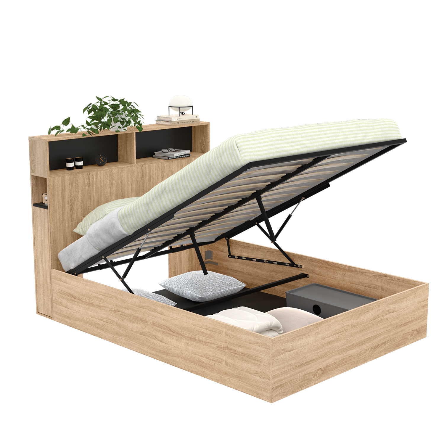 Lit Coffre 140 x 200 cm,avec Éclairage LED et Port USB,Lit Double Rembourré avec Rangement et Tete de lit,pour Adultes et Adolescents,PU (Noir C, 140 x 200 cm