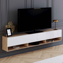 16282 - Mobile TV sospeso in legno e bianco da 180 cm con mensole Meuble TV 180 cm suspendu ELIO 2 portes avec étagère bois et blanc