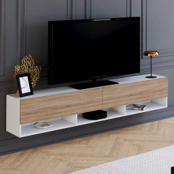 16283 - Mobile TV sospeso bianco e legno da 180 cm con mensole Meuble TV 180 cm suspendu ELIO 2 portes avec étagère blanc et bois