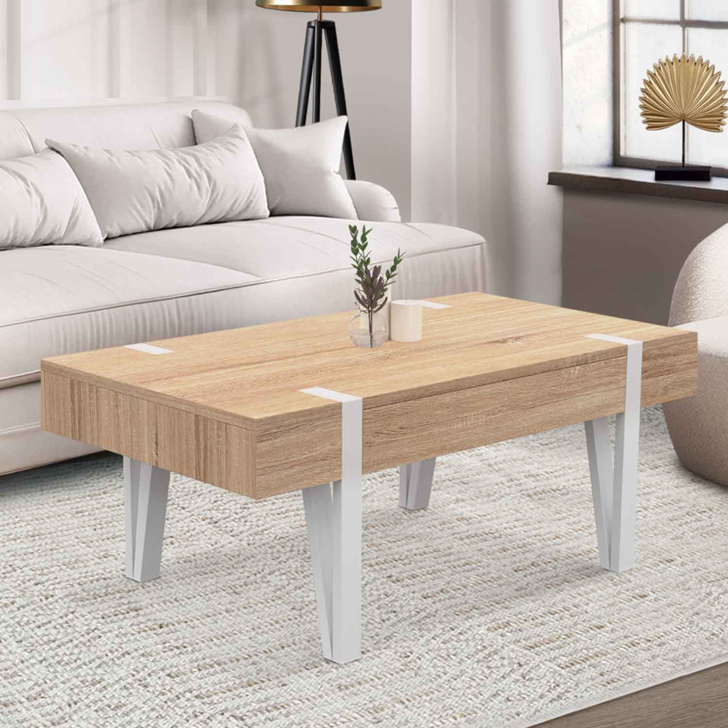 Table basse en bois pied épingle blanc avec 1 tiroir