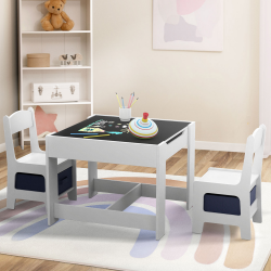 16371 - Tavolo da disegno per bambini con 2 sedie e cestini portaoggetti Table à dessin reversible + 2 chaises GABRIEL blanc avec bacs de rangement