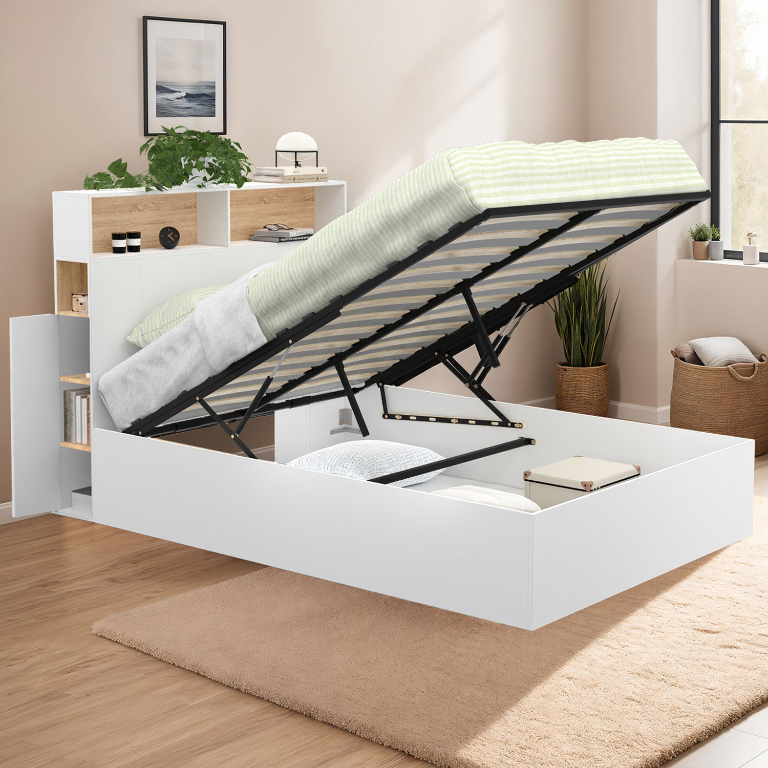Lit coffre double avec tête de lit, rangements et sommier blanc et bois