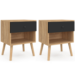 16423 - Tables de chevet scandinaves hêtre et noir : lot de 2 Lot de 2 tables de chevet EMMIE 1 tiroir scandinaves hêtre et noir