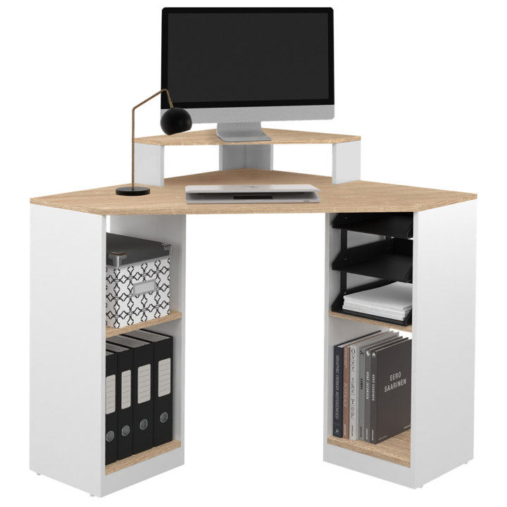 Bureau d'angle HARRY blanc et façon hêtre gain de place bureau informatique avec rangements Bureau d'angle HARRY blanc et façon hêtre gain de place bureau informatique avec rangements