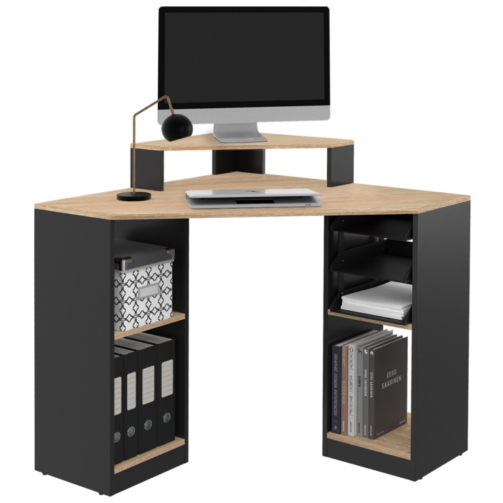 Bureau d'angle HARRY noir et façon hêtre gain de place bureau informatique avec rangements Bureau d'angle HARRY noir et façon hêtre gain de place bureau informatique avec rangements