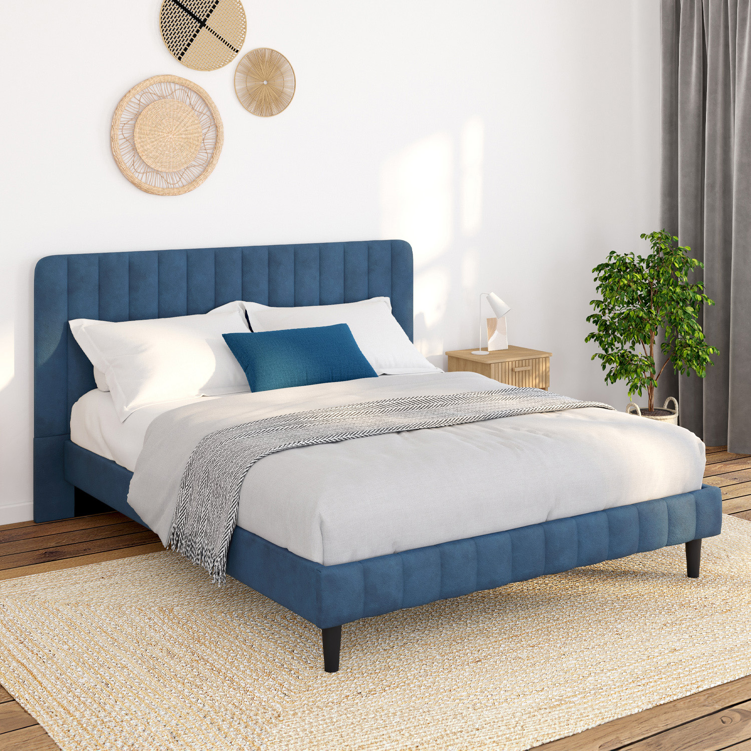 Lit 140x190 cm velours bleu avec tête de lit et sommier