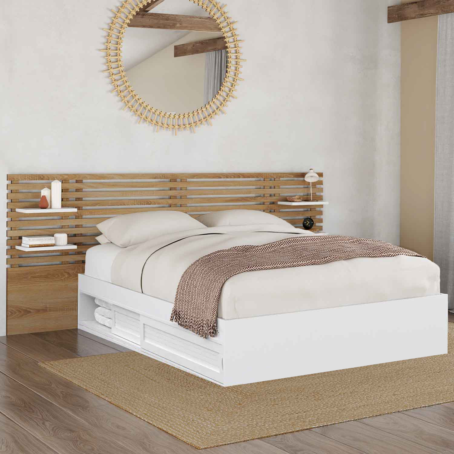 Lit double 140x190 hêtre et blanc avec tête de lit et chevets
