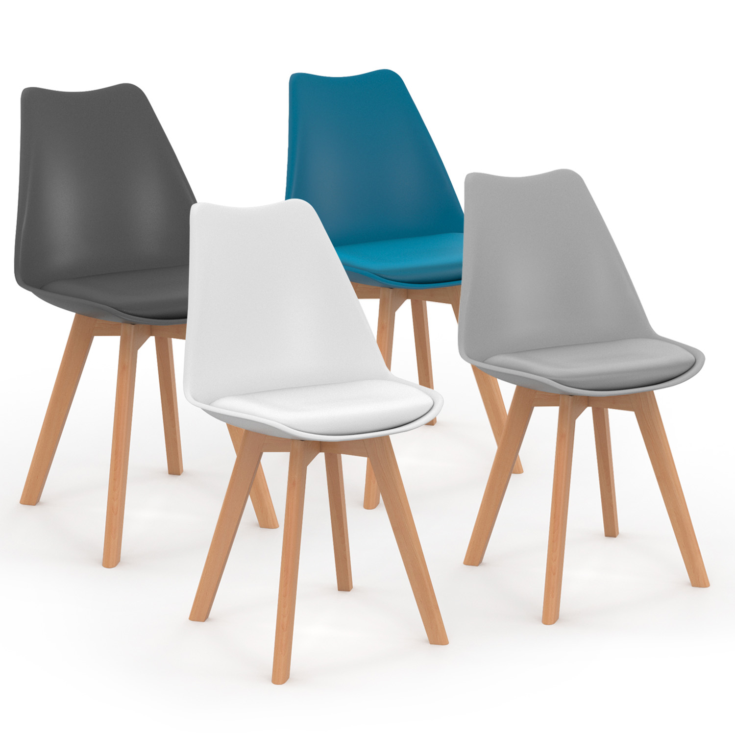 Chaises scandinaves 4 couleurs : gris foncé, gris clair, blanc et bleu