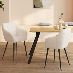 16674 - Lot de 2 fauteuils de table blancs en tissu bouclette Lot de 2 chaises de salle à manger, fauteuils de table SHELIA en tissu bouclette