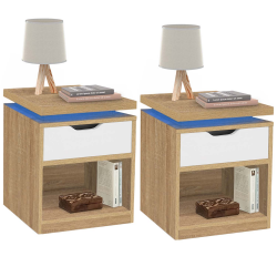 16594 - 2 comodini a LED con cassetto e nicchia in legno effetto faggio e bianco Lot de 2 tables de chevet LUNA à LEDS hêtre avec 1 tiroir blanc
