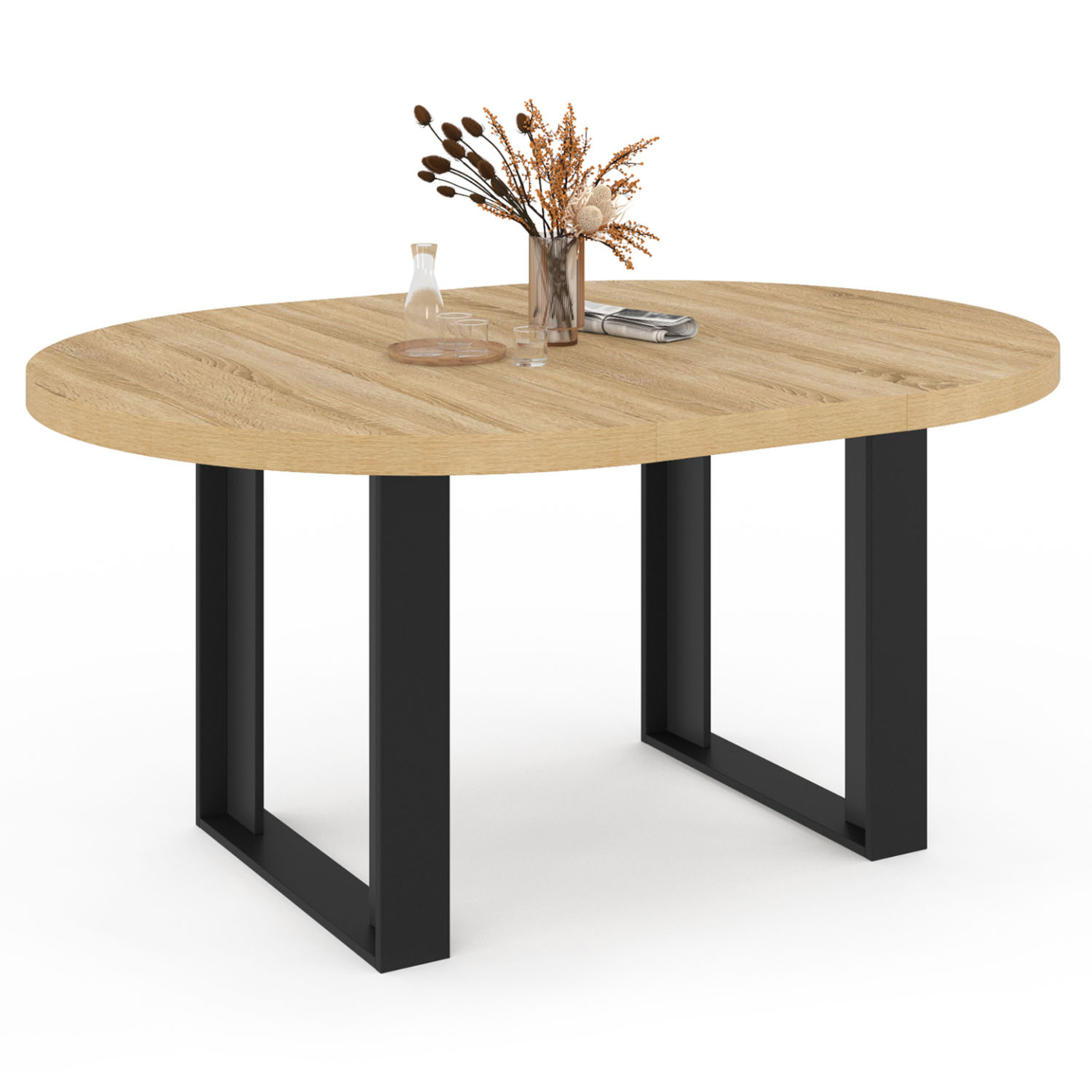 Table à Manger Extensible Ronde PHOENIX - Bois Et Noir, 110-150 Cm, 4-6 Personnes, Style Industriel