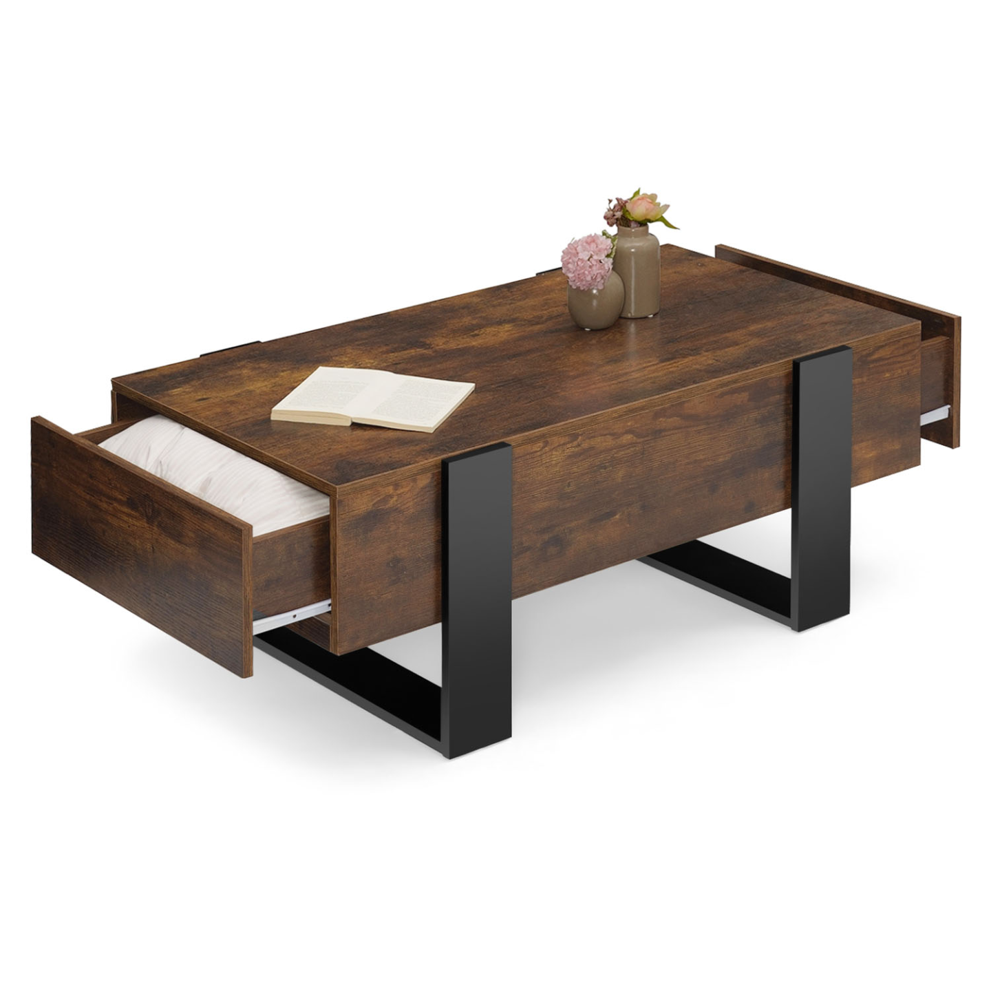 Table basse rectangle avec tiroirs bois effet vieilli et noir - PHOENIX ...