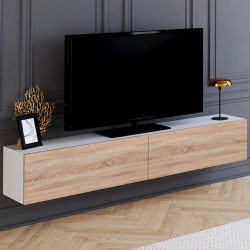 16275 - Mobile TV sospeso bianco e legno Meuble TV 180 cm suspendu ELIO 2 portes blanc et bois