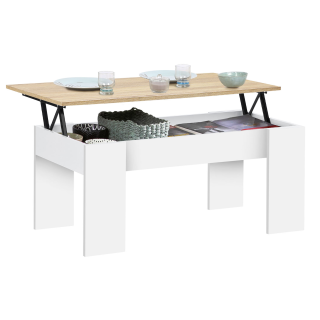 Table Basse Relevable Tara IDMarket – Bois Blanc & Effet Béton, Plateau 2 En 1 Table à Manger, Rangement Intégré