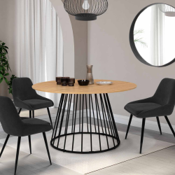 16026 - Tavolo rotondo in legno e nero con gambe a filo per 6 persone Table à manger ronde YUNA 4-6 personnes plateau bois et pied filaire en métal noir 110 cm