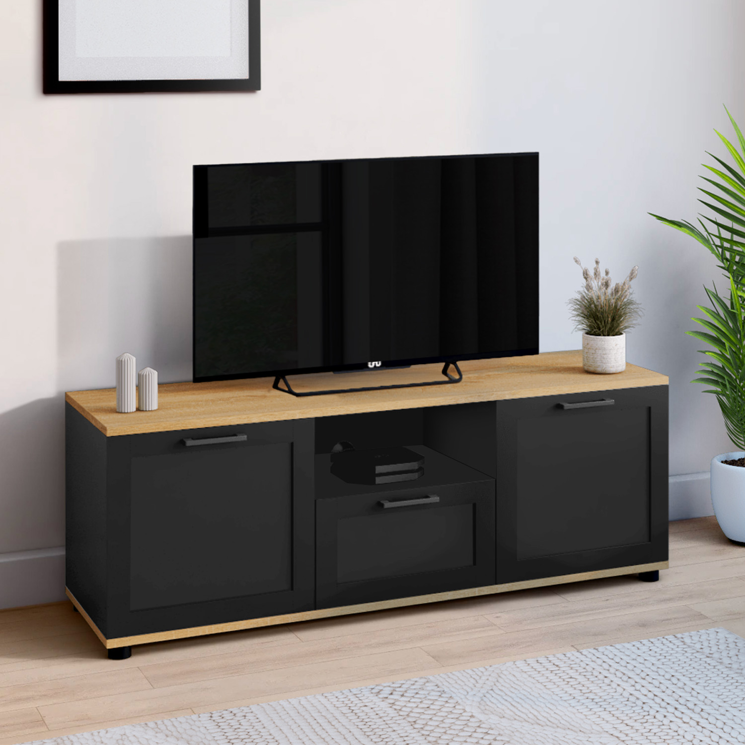 Meuble TV noir et bois 110 cm avec tiroir et niche