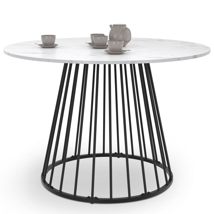 Table à Manger Ronde Yuna 110 Cm Pour 6 Personnes - Plateau Bois Foncé, Pied Métal Noir, Style Industriel Chic