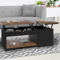 16359 - Couchtisch mit doppelter hochklappbarer Platte aus dunklem Holz mit Antik-Effekt und schwarz mit Truhe Table basse 2 plateaux relevables EYLA avec coffre bois foncé effet vieilli et noir
