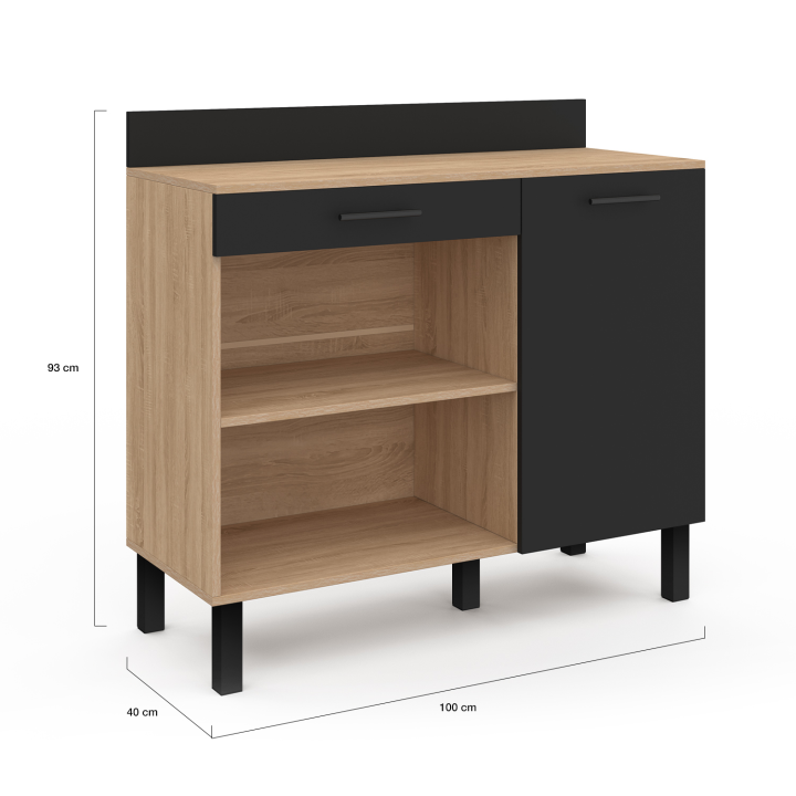 Buffet Bas De Cuisine CINA 100 Cm - Hêtre Et Blanc, 1 Porte + 1 Tiroir, Plan De Travail à 83 Cm