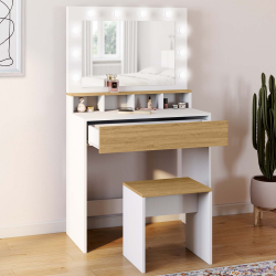 16466 - Tavolino da toilette con specchio LED bianco e faggio Coiffeuse ZELIA blanc et hêtre miroir LED avec 4 niches, 1 tiroir et tabouret
