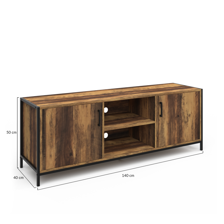Meuble TV 140 cm HAWKINS 2 portes bois foncé design industriel
