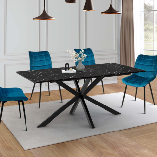 Table à Manger Rectangle Alix 110cm - Pied Araignée Noir, Plateau Marbre Blanc, 6 Personnes - Style Moderne