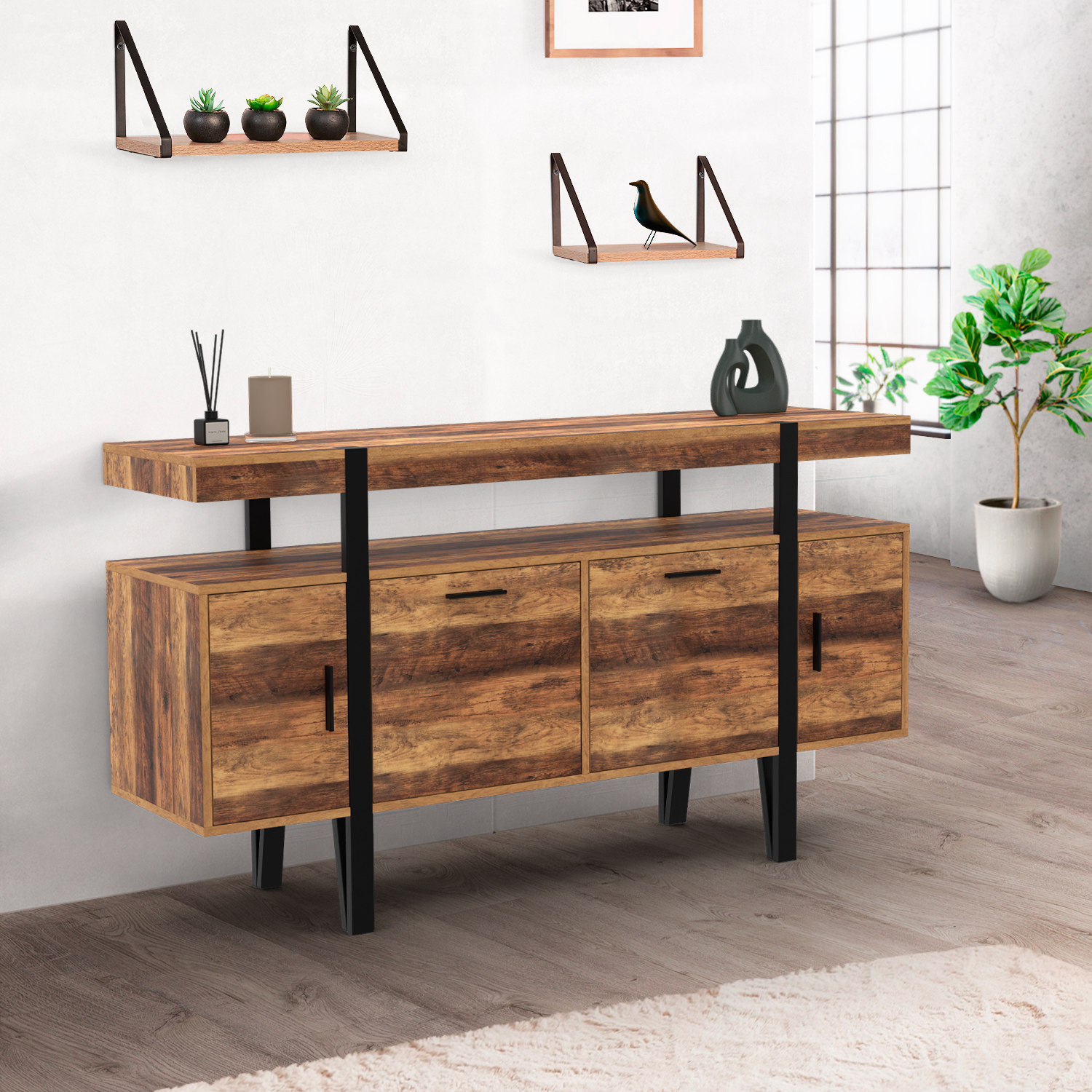 Buffet de salon industriel 4 portes bois et noir