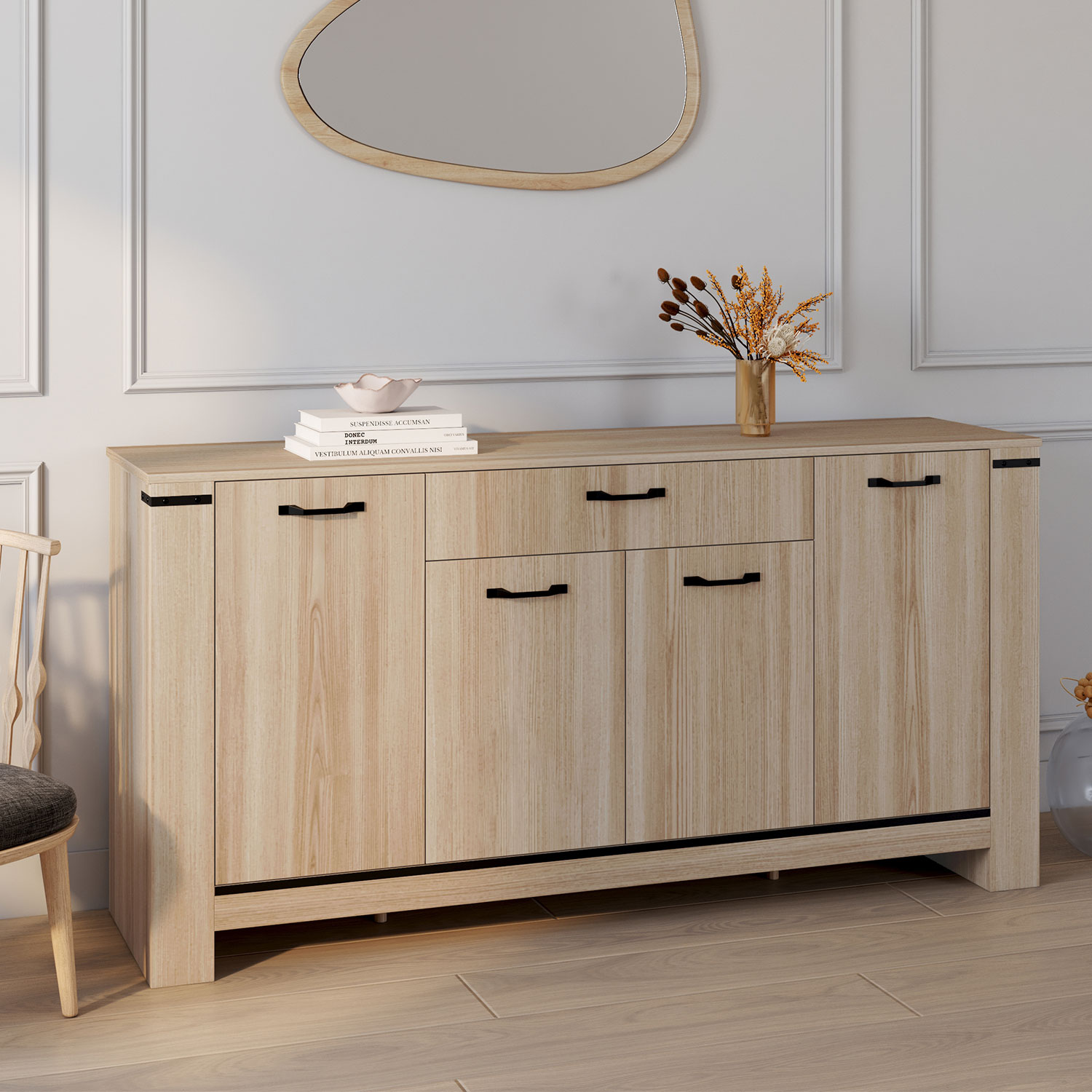 Buffet 4 portes avec tiroir bois clair 160 cm