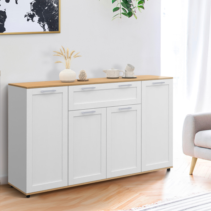 Wit en houten dressoir met 4 deuren en 1 lade 140cm - VITO | ID Market