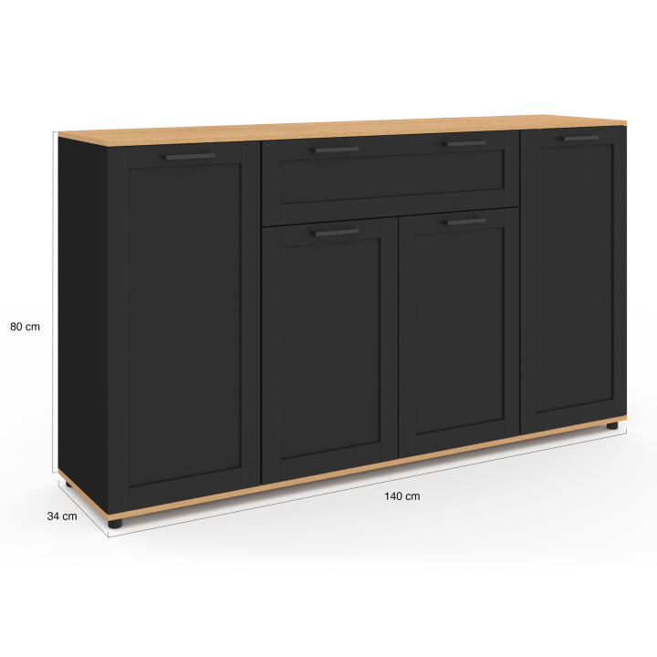 Buffet 140 cm VITO 4 portes et 1 tiroir noir et bois Buffet 140 cm VITO 4 portes et 1 tiroir noir et bois
