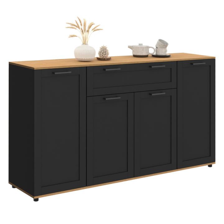 Buffet 140 cm VITO 4 portes et 1 tiroir noir et bois Buffet 140 cm VITO 4 portes et 1 tiroir noir et bois