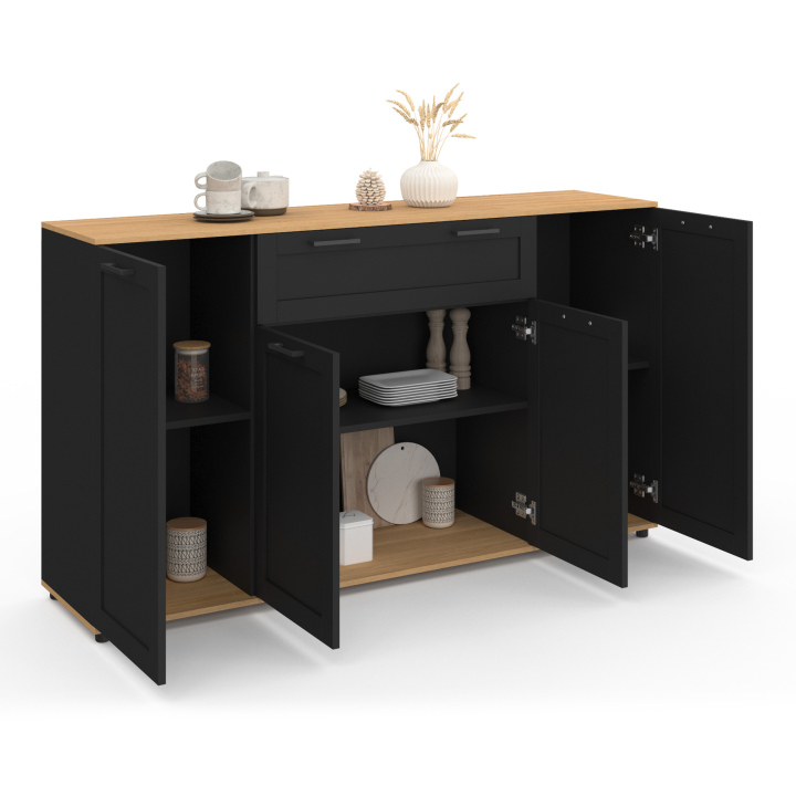 Buffet 140 cm VITO 4 portes et 1 tiroir noir et bois Buffet 140 cm VITO 4 portes et 1 tiroir noir et bois