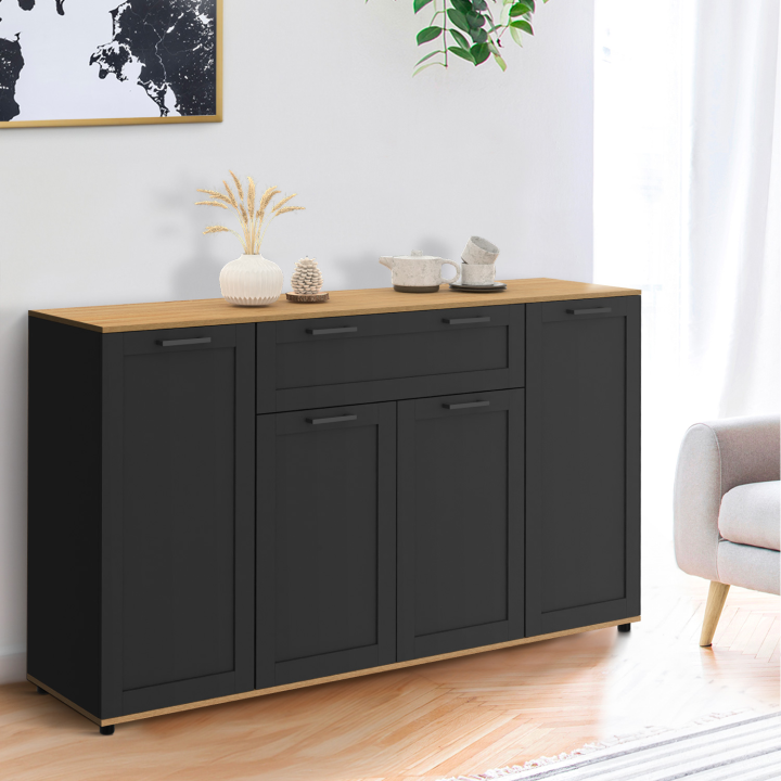 Buffet 140 cm VITO 4 portes et 1 tiroir noir et bois Buffet 140 cm VITO 4 portes et 1 tiroir noir et bois