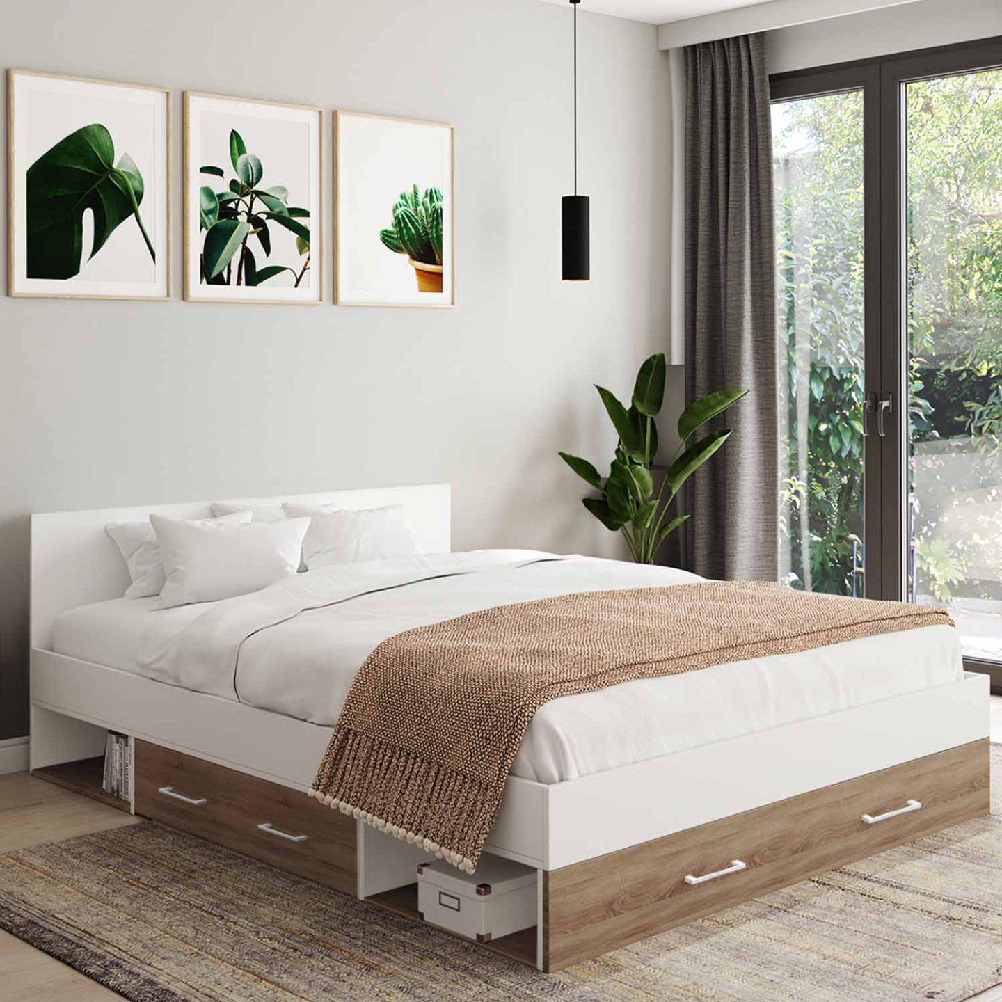 Lit Double 140x190 Hêtre Et Blanc Avec Tête De Lit, Chevets Et Sommier - SAVANA | ID Market