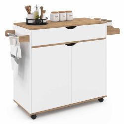 16227 - Grande credenza da cucina in legno e bianco con armadio e cassettiera Desserte de cuisine COSY XXL L.90 CM placard avec tiroir blanc et plateaux façon hêtre