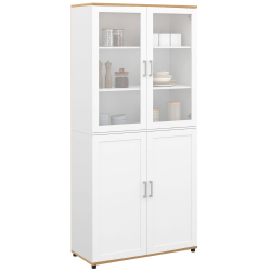 16184 - Cómoda de 176 cm de altura con 4 puertas y estantes en blanco y madera Cómoda alta blanca y madera 176cm con puertas y estantes - VITO | ID Market