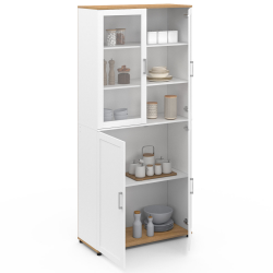 IDMarket Vitrine Buffet Haut VITO – 4 Portes Vitrées, 176 Cm, Blanc Et Bois, Vaisselier Design Campagne Chic Avec 3 Étagères Ajustables