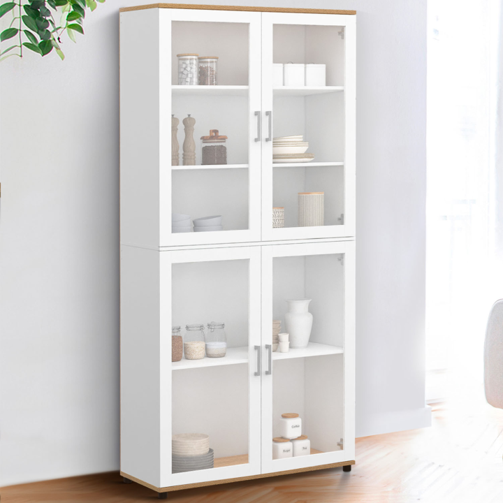 Witte en houten hoge ladekast 176cm met glazen deuren en legplanken - VITO | ID Market
