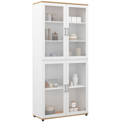 16185 - Credenza alta 176 cm con 4 ante in vetro bianco e legno Comò alto bianco e legno 176cm con ante e ripiani in vetro - VITO | ID Market