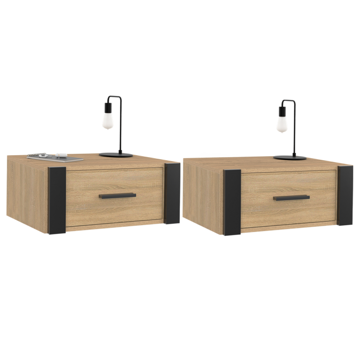 Lot de 2 tables de chevet murales ONYX étagère suspendue bois et noir Lot de 2 tables de chevet murales ONYX étagère suspendue bois et noir