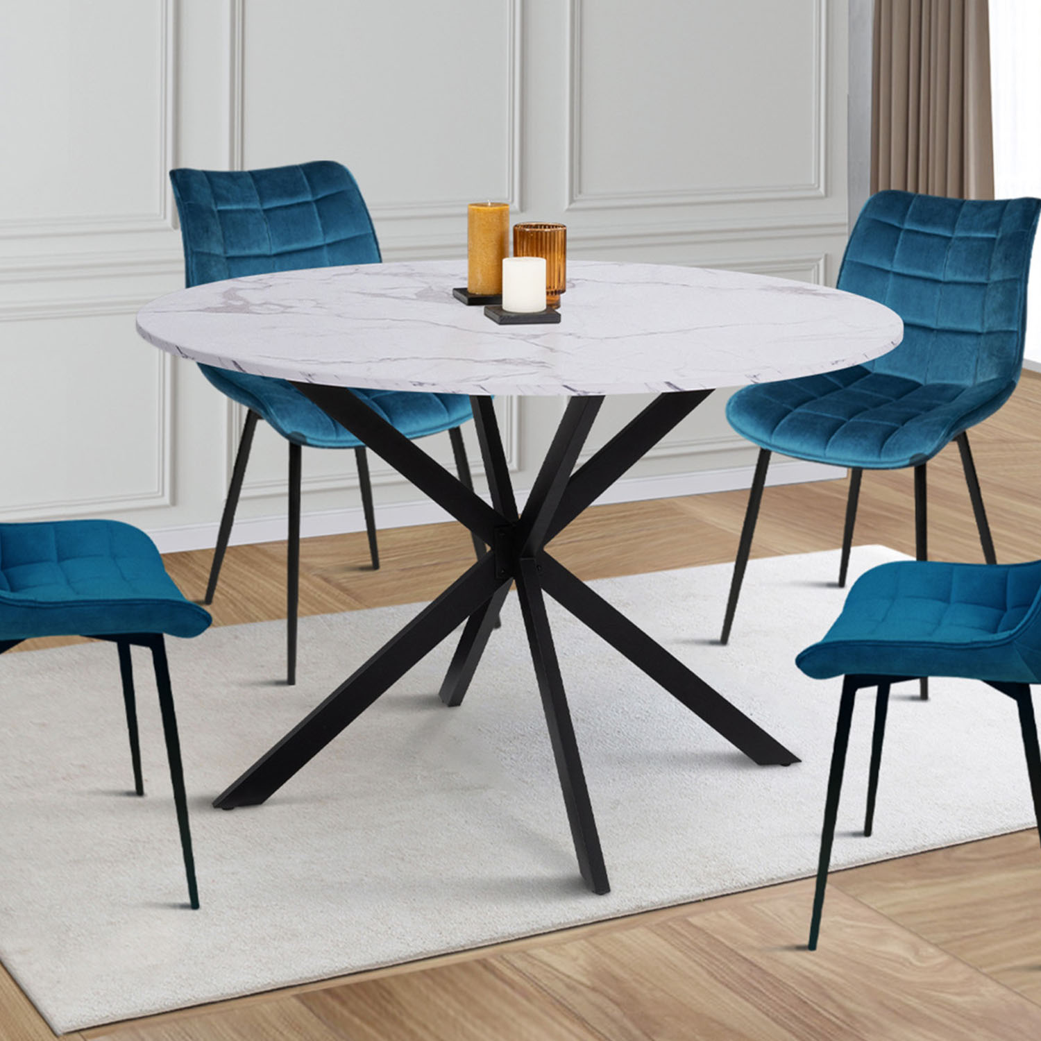 Table à manger ronde effet marbre blanc 4-6 personnes