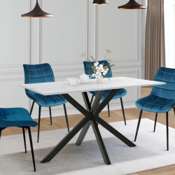 16488 - Tavolo da pranzo rettangolare effetto marmo bianco con gambe a ragno in metallo nero Table à manger rectangle ALIX 4-6 personnes pied araignée métal noir et plateau effet marbre blanc ALASKA 110 cm