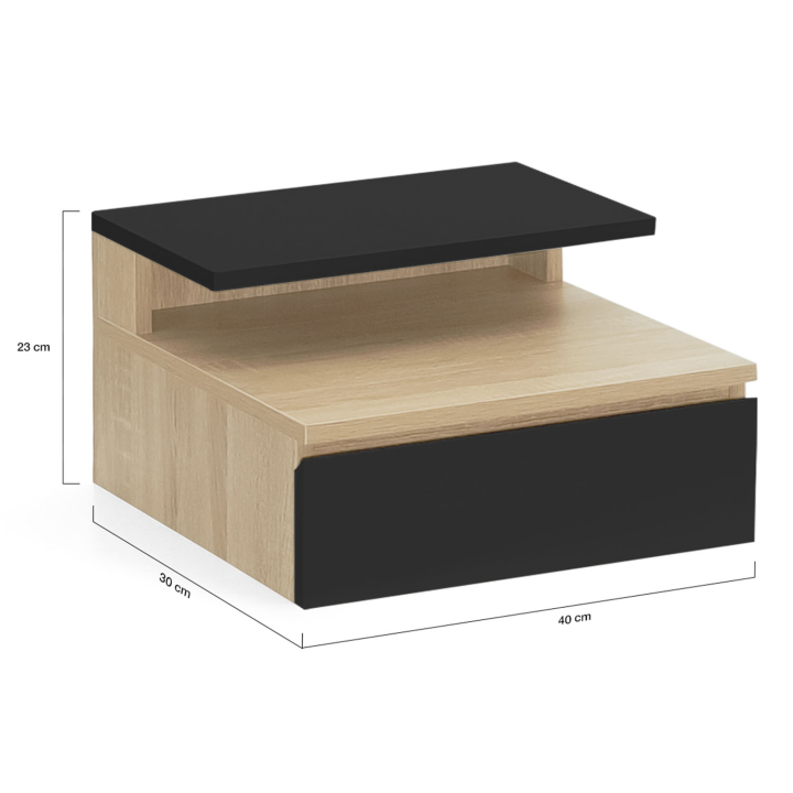 Lot de 2 tables de chevet murales TOMI étagère suspendue + 1 tablette bois façon hêtre et tiroir noir Lot de 2 tables de chevet murales TOMI étagère suspendue + 1 tablette bois façon hêtre et tiroir noir