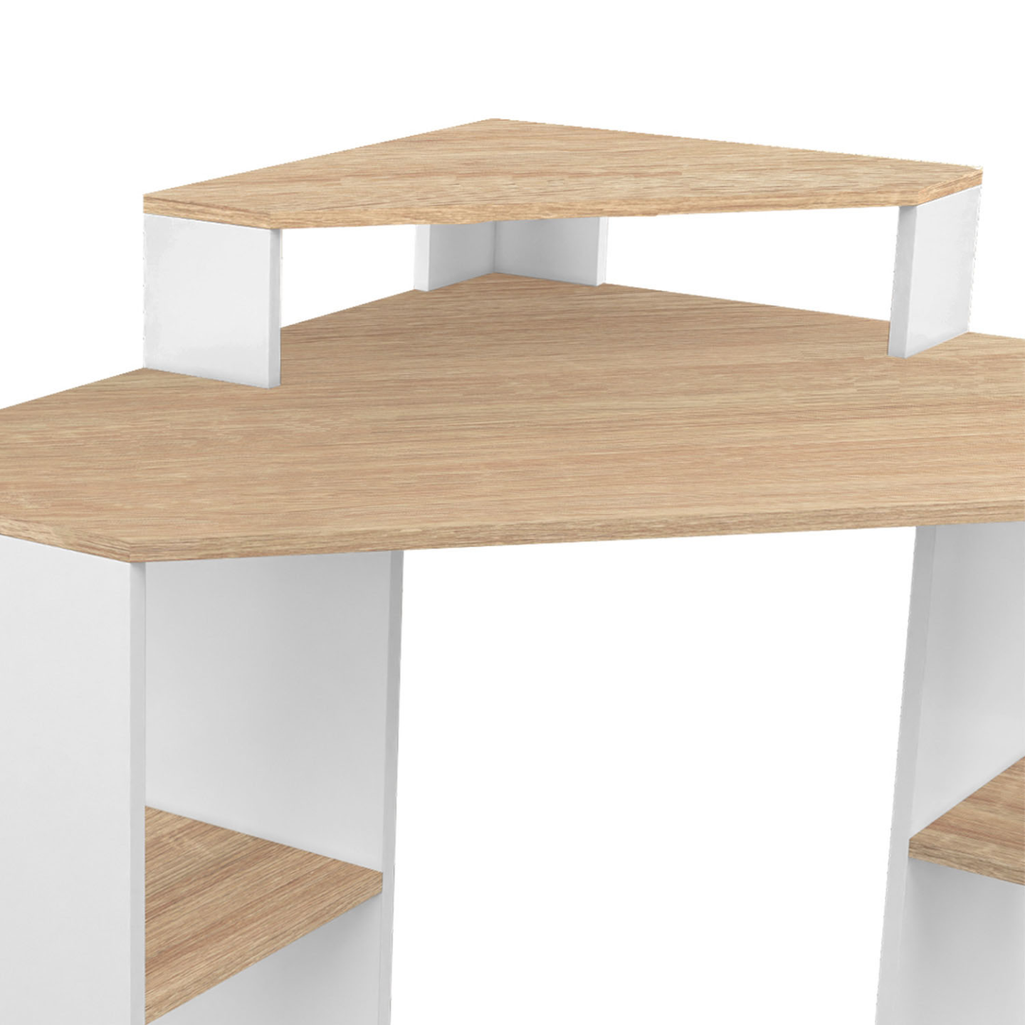 Houten hoekbureau, kleine laptopstudietafel met opbergplanken, driehoekig computerbureau, thuiskantoor, bureau voor kleine ruimtes-C