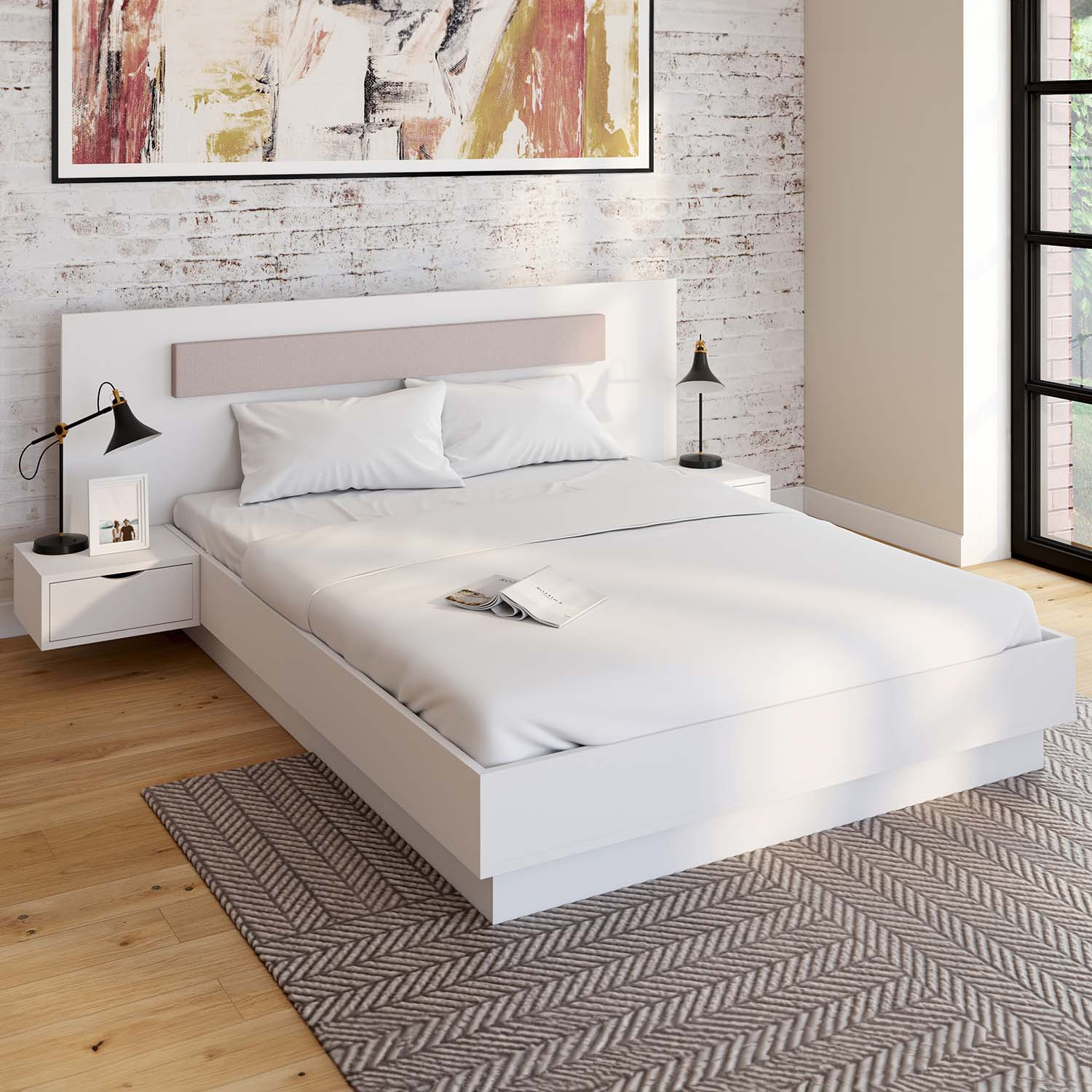 Lit double 140x190 blanc avec tête de lit et chevets