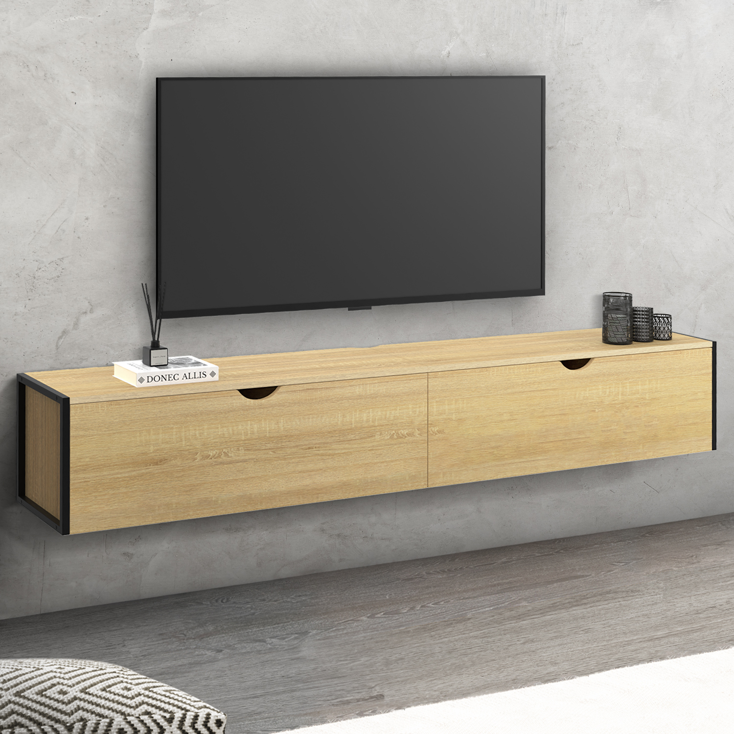 Meuble TV suspendu industriel 180 cm avec 2 portes