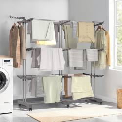 16565 - 40M grigio Scaffale estensibile a 3 livelli Séchoir à linge inox MAXI capacité gris double étendoir 3 niveaux rétractable et pliable